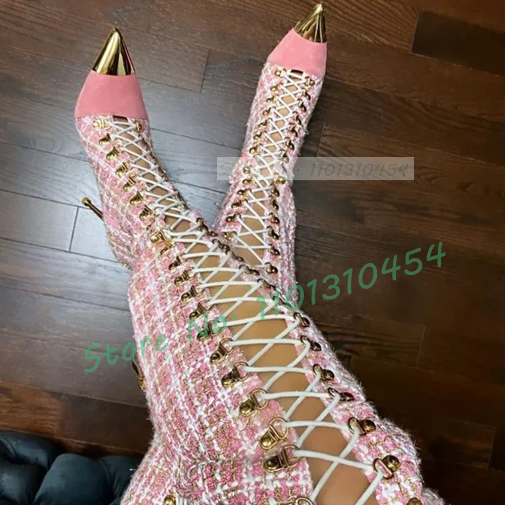 Sock Boot Women - Женские высокие сапоги в клетку, розовые