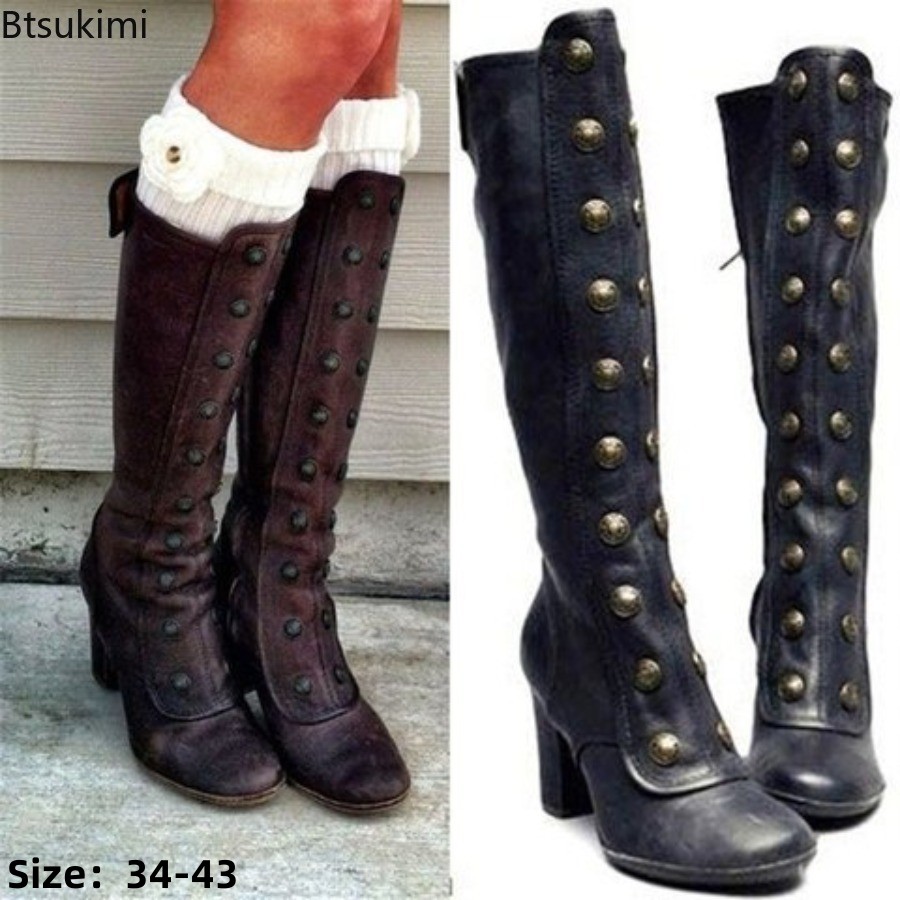 Knee High Boots Women - Ретро черные модные сапоги с заклепками