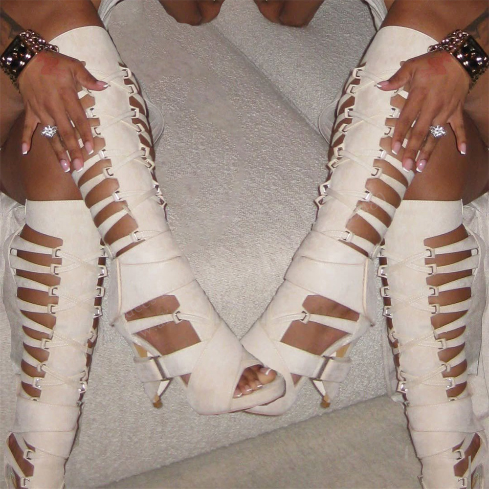 Knee High Boots Women - Гладиаторские сандалии-ботфорты с вырезами и пряжкой,
