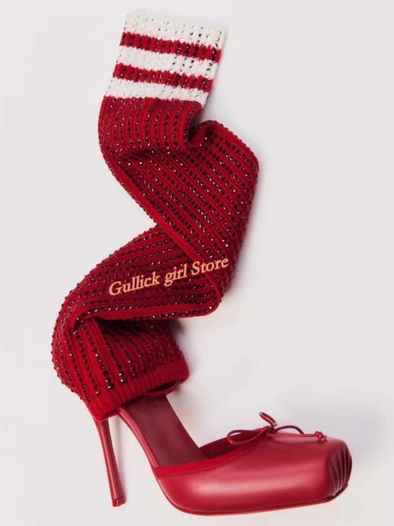 Sock Boot Women - Красные вязаные ботильоны с квадратным носком,