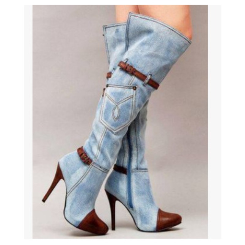 Ботфорты женские джинсовые на  – обзор и цена Knee High Boots Women